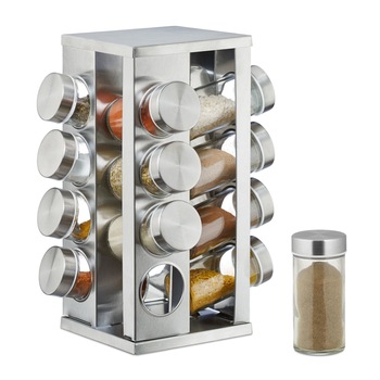 Set 16 recipiente condimente cu suport rotativ,inox, Relaxdays Set 16 recipiente condimente cu suport rotativ,inox, Relaxdays