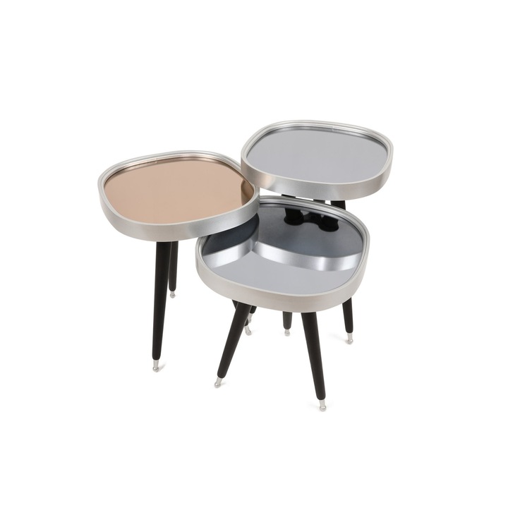 Set 3 mese de cafea Nancy Homestore, Lemn, 40.5 x 42 x 58.5 cm, Negru/Argintiu