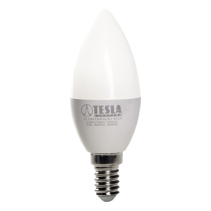 LED крушка Комплект свещи 2 бр, TESLA Lighting, 7W, E14, 230V, 560 lm, 25 000h, топла светлина 3000K, 180º, еквивалент на класическа крушка 50W