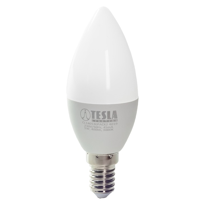 Led крушка Комплект свещи 2 бр, TESLA Lighting, 5W, E14, 230V, 400 lm, 25 000h, топла светлина 3000K, 180º, еквивалент на класическа крушка 35W