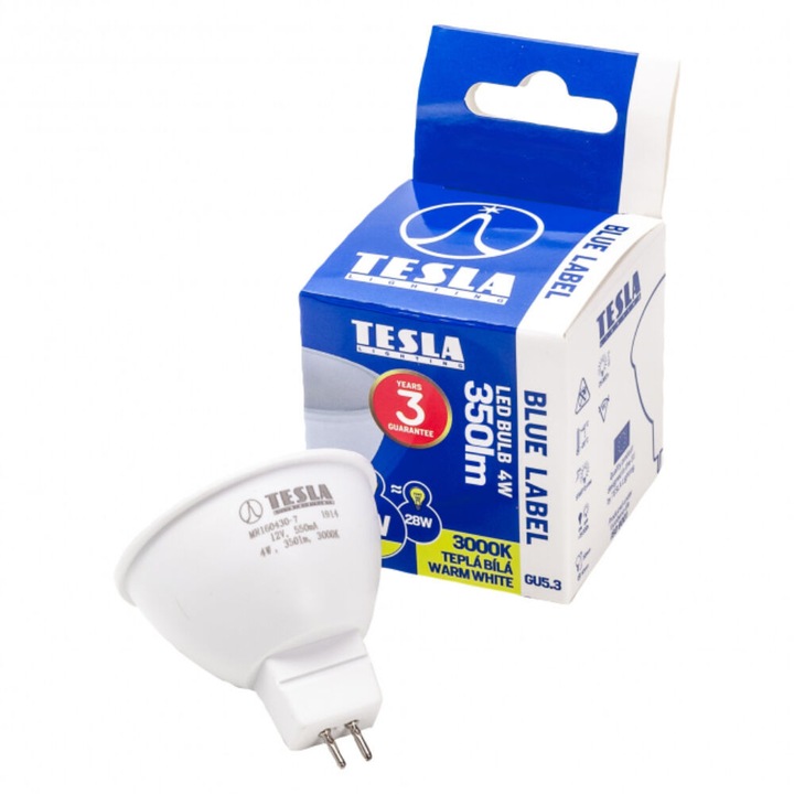 Tesla - LED крушка, MR16, 4W, 12V, 350lm, 3000K, 100°