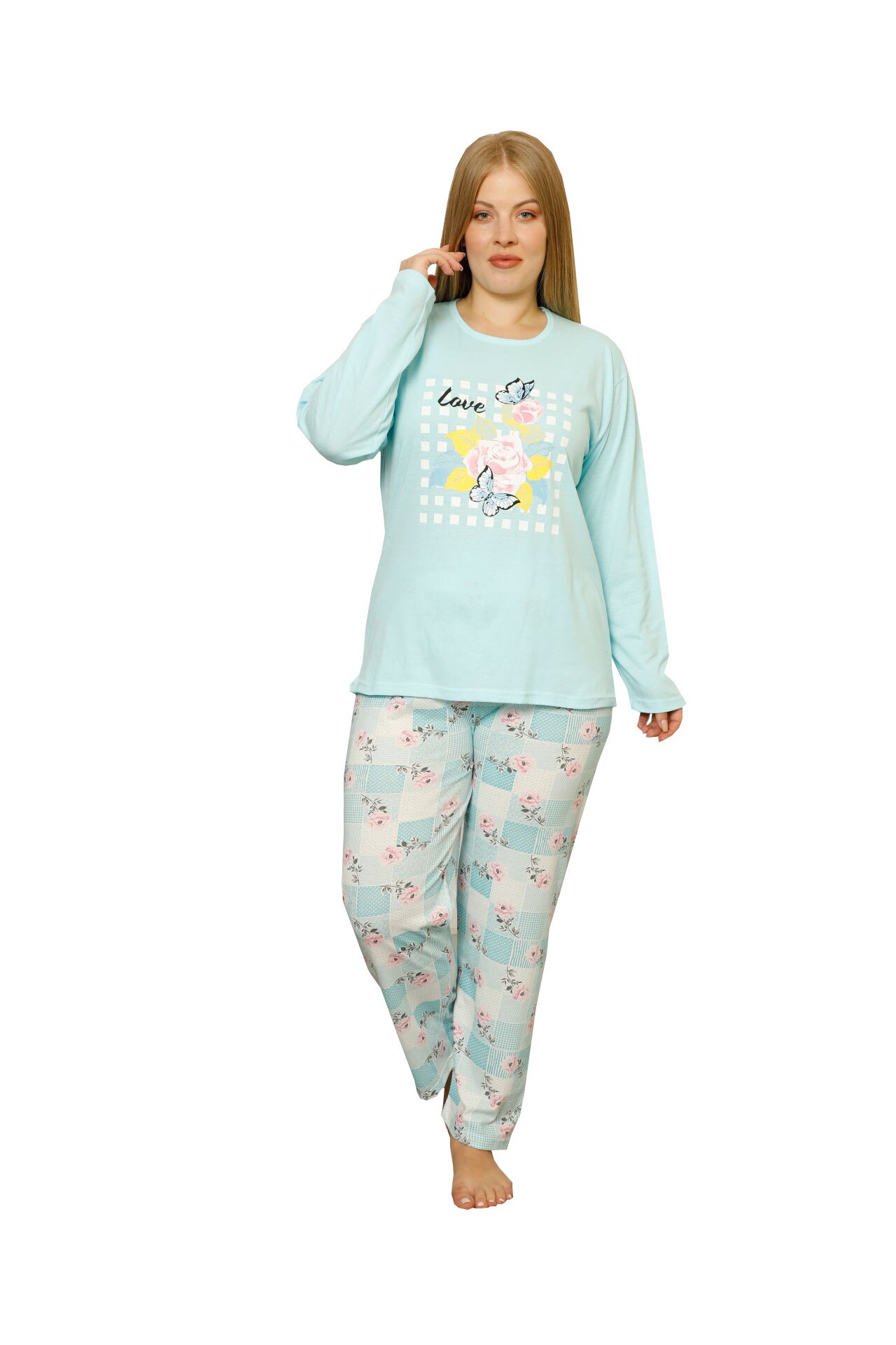 Pijamale dama Serena, maneca lunga, pantaloni lungi, imprimeu love, Albastru