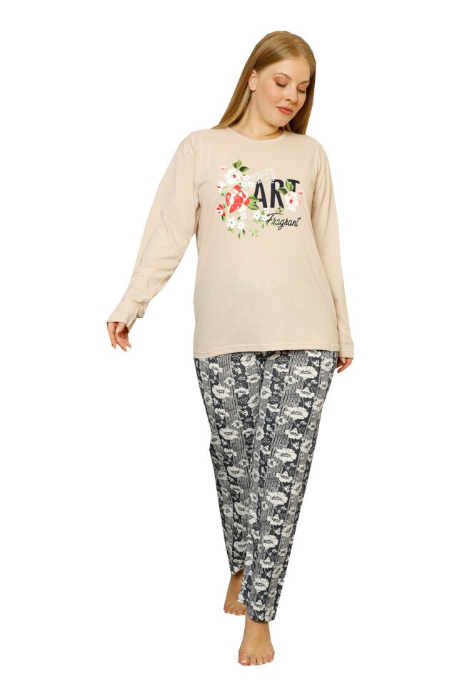 Pijamale dama Serena, maneca lunga, pantaloni lungi, imprimeu art fragrant, Bej