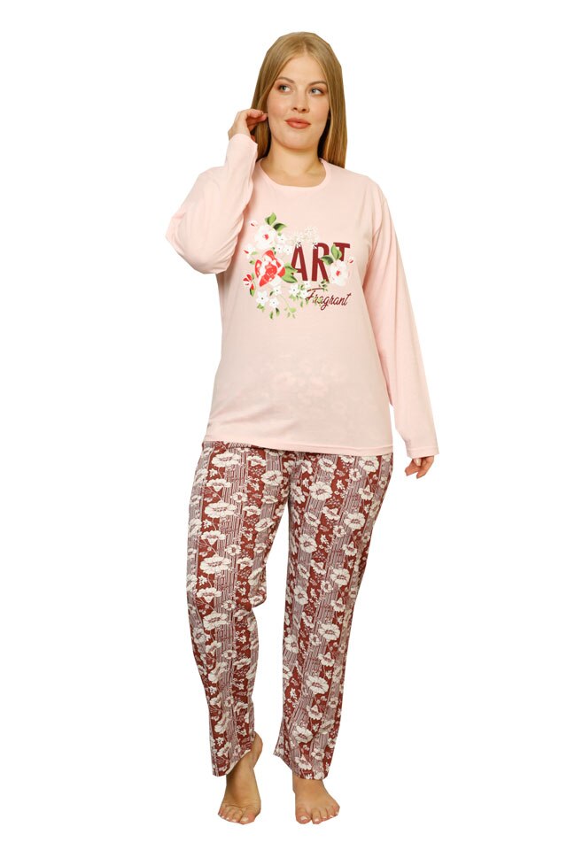 Pijamale dama Serena, maneca lunga, pantaloni lungi, imprimeu art fragrant, Roz