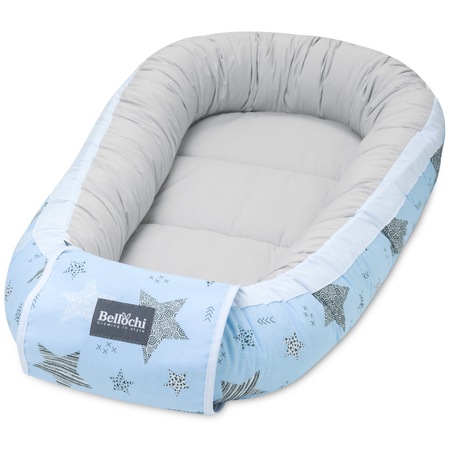 Cosulet bebelus pentru dormit Bellochi Baby Nest Cocoon XL 90x60 cm, Rigel Star, gri/albastru