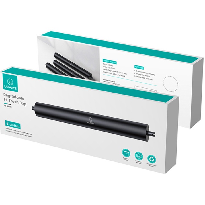 Торби за смет Usams US-ZB193 LJDZB19301, За Dispenser Auto US-ZB192 (60 броя), Черен