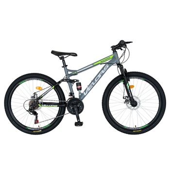 Bicicleta Mountain Bike Matador Dubla Suspensie, Shimano Tourney TZ500 21 Viteze, Dimensiune Cadru 18 inch, Roti 26 Inch, Frane Disc, Gri cu Design Verde Bicicleta Mountain Bike Matador Dubla Suspensie, Shimano Tourney TZ500 21 Viteze, Dimensiune Cadru 18 inch, Roti 26 Inch, Frane Disc, Gri cu Design Verde