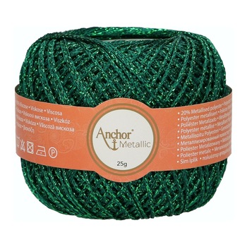 Fir metalizat, Anchor Metallic, grosime fir nr 2 Fine, lungime 100 m, 25 g, verde 00322 Fir metalizat, Anchor Metallic, grosime fir nr 2 Fine, lungime 100 m, 25 g, verde 00322