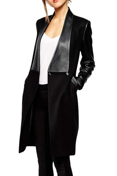 JUP - Дамско палто *16256876-10-10, С кожени ръкави и яка, Черен, M