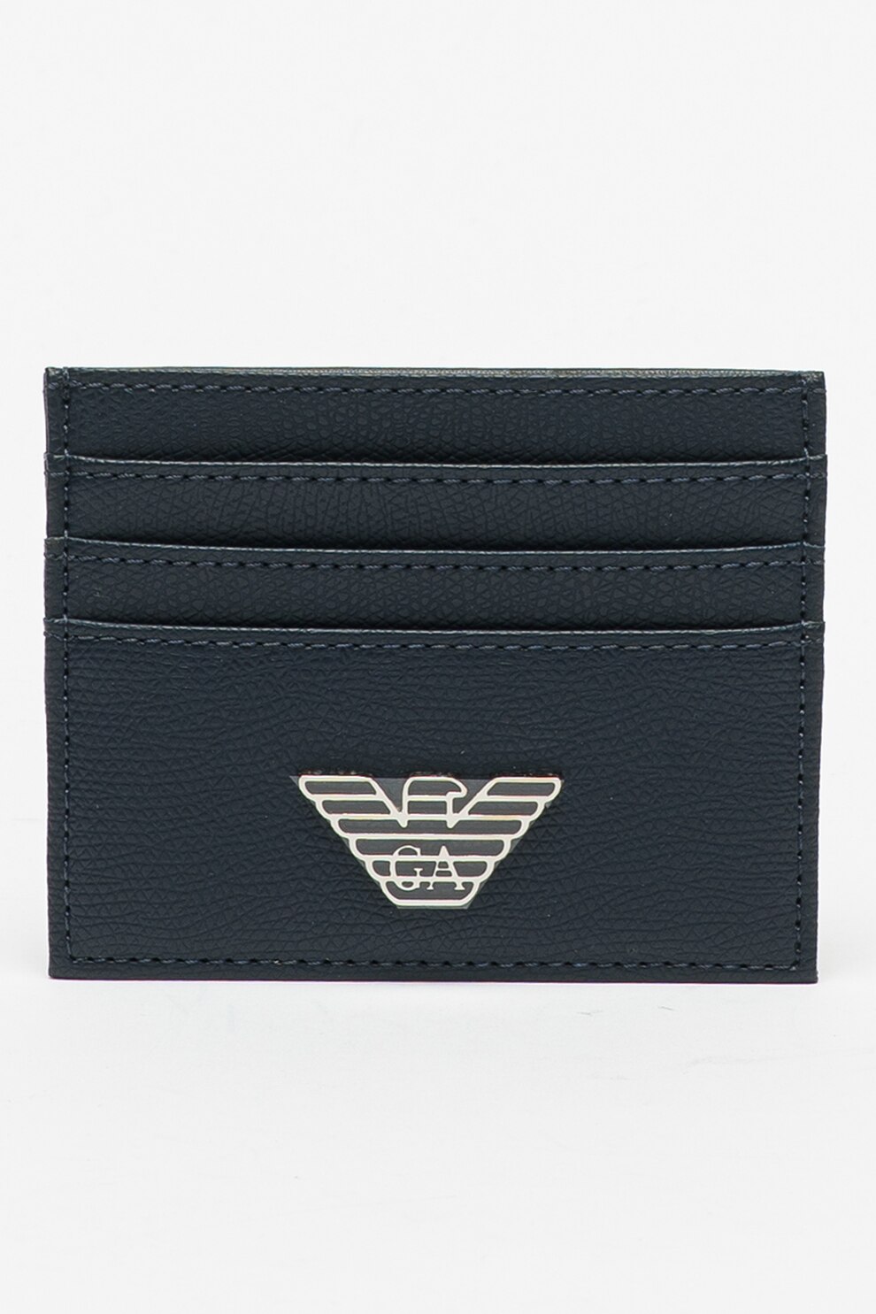 Emporio Armani, Portcart de piele ecologica cu aplicatie logo metalica, Albastru inchis