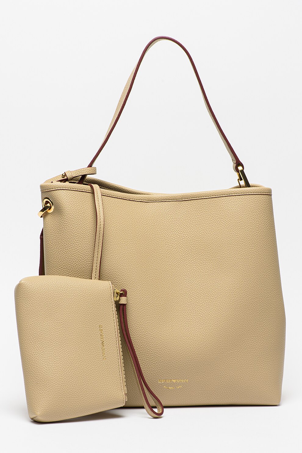 Emporio Armani, Geanta hobo din piele ecologica cu etui detasabil, Maro camel