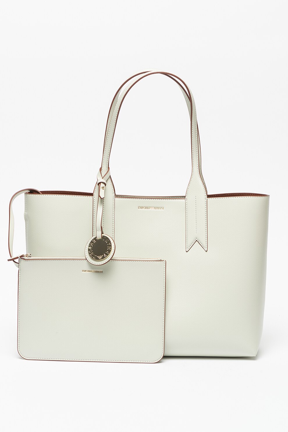 Emporio Armani, Geanta shopper de piele ecologica, Alb prafuit
