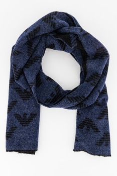 Emporio Armani, Fular din amestec de lana cu model logo, Albastru inchis Emporio Armani, Fular din amestec de lana cu model logo, Albastru inchis