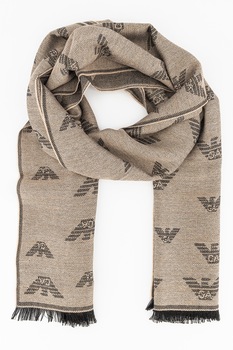 Emporio Armani, Esarfa din amestec de lana cu model logo, Grej Emporio Armani, Esarfa din amestec de lana cu model logo, Grej