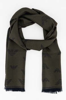 Emporio Armani, Esarfa din amestec de lana cu model logo, Verde inchis Emporio Armani, Esarfa din amestec de lana cu model logo, Verde inchis