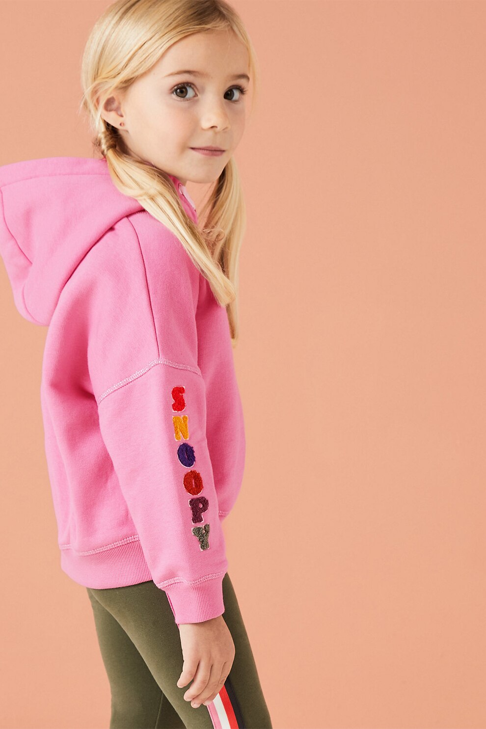 Marks & Spencer, Hanorac din amestec de bumbac cu imprimeu cu Snoopy, Roz/Alb