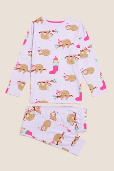 Marks & Spencer, Pijama cu imprimeu, Lila/roz/maro camel, 116-122 CM Marks & Spencer, Pijama cu imprimeu, Lila/roz/maro camel, 116-122 CM