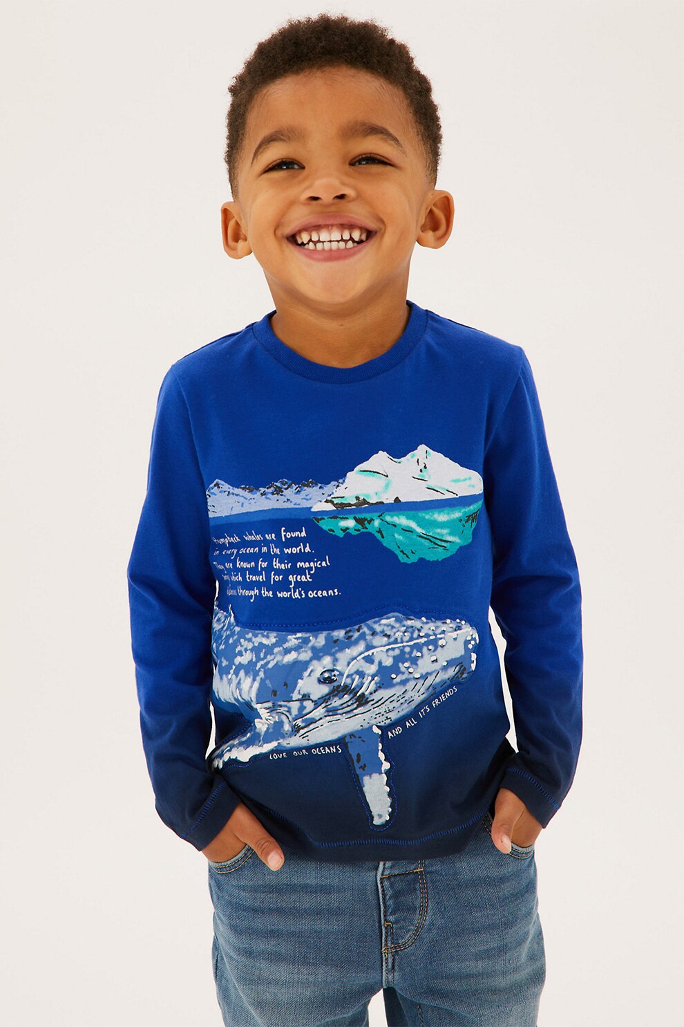 Marks & Spencer, Bluza sport cu decolteu la baza gatului si imprimeu, albastru inchis/alb, 90-98 CM