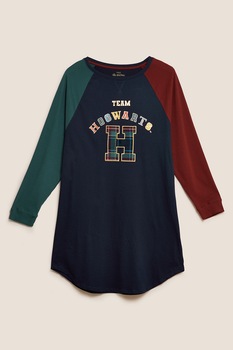 Marks & Spencer, Camasa de noapte scurta cu imprimeu cu tematica Harry Potter, Bleumarin/Rosu inchis/Verde, 3XL Marks & Spencer, Camasa de noapte scurta cu imprimeu cu tematica Harry Potter, Bleumarin/Rosu inchis/Verde, 3XL