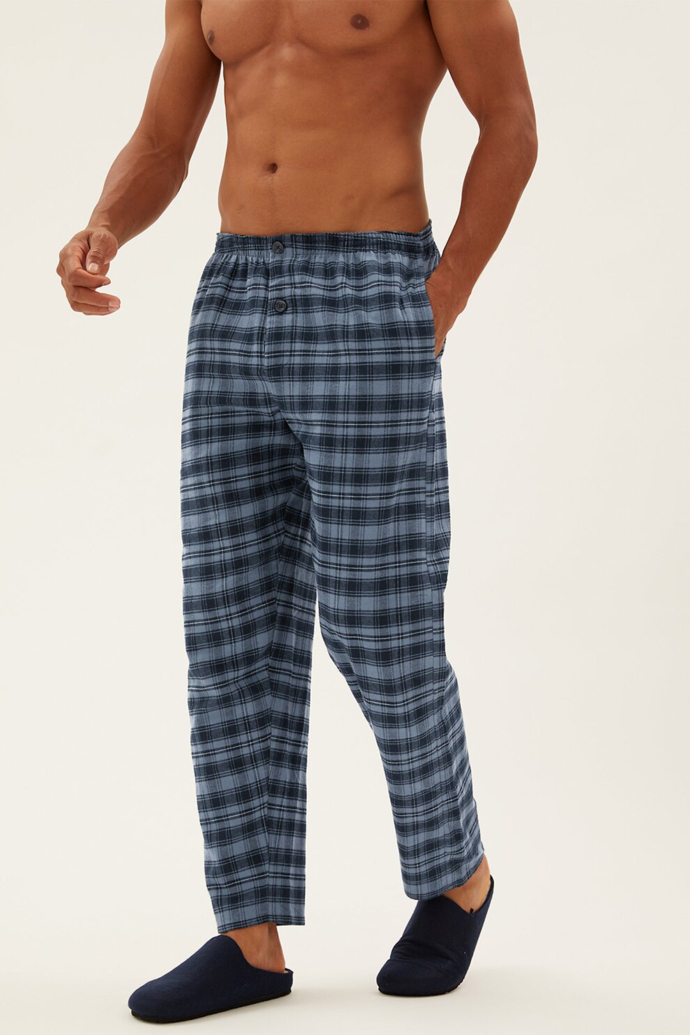 Marks & Spencer, Pijama lunga cu model in carouri, Bleumarin/Alb