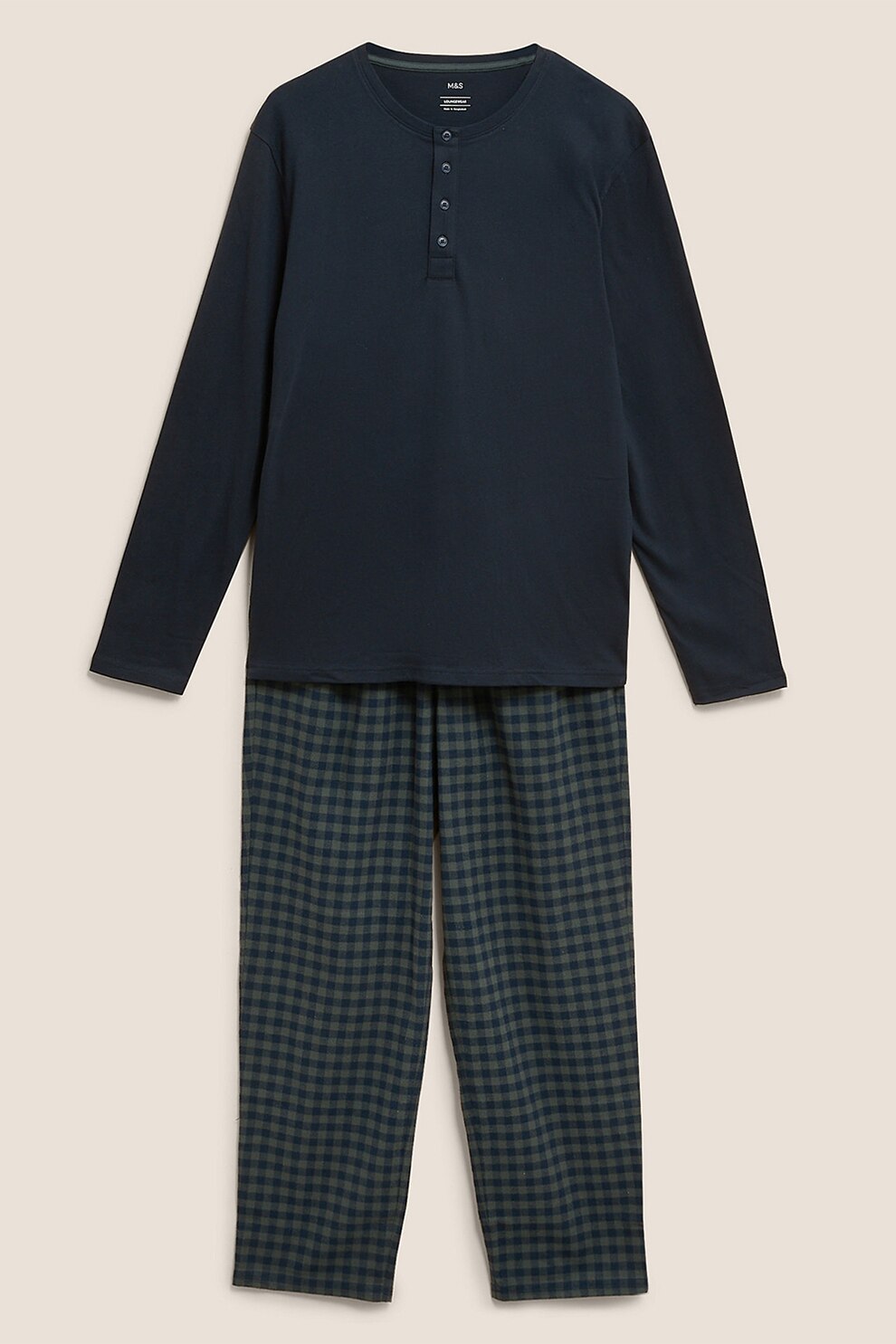 Marks & Spencer, Pijama lunga din bumbac, VERDE/BLEUMARIN, S