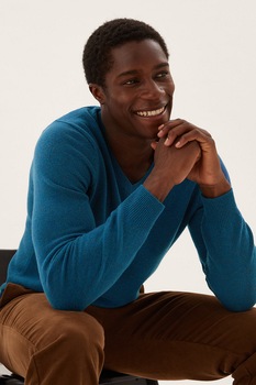 Marks & Spencer, Pulover de lana de miel cu decolteu in V, Albastru inchis melange, M Marks & Spencer, Pulover de lana de miel cu decolteu in V, Albastru inchis melange, M