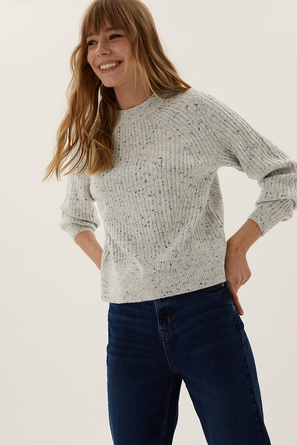 Marks & Spencer, Pulover striat cu maneci raglan, Gri melange/Bleumarin, XS