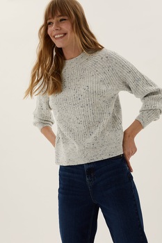 Marks & Spencer, Pulover striat cu maneci raglan, Gri melange/Bleumarin, XS Marks & Spencer, Pulover striat cu maneci raglan, Gri melange/Bleumarin, XS