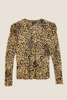 Marks & Spencer, Bluza cu animal print si maneci bufante, Bej/Negru Marks & Spencer, Bluza cu animal print si maneci bufante, Bej/Negru