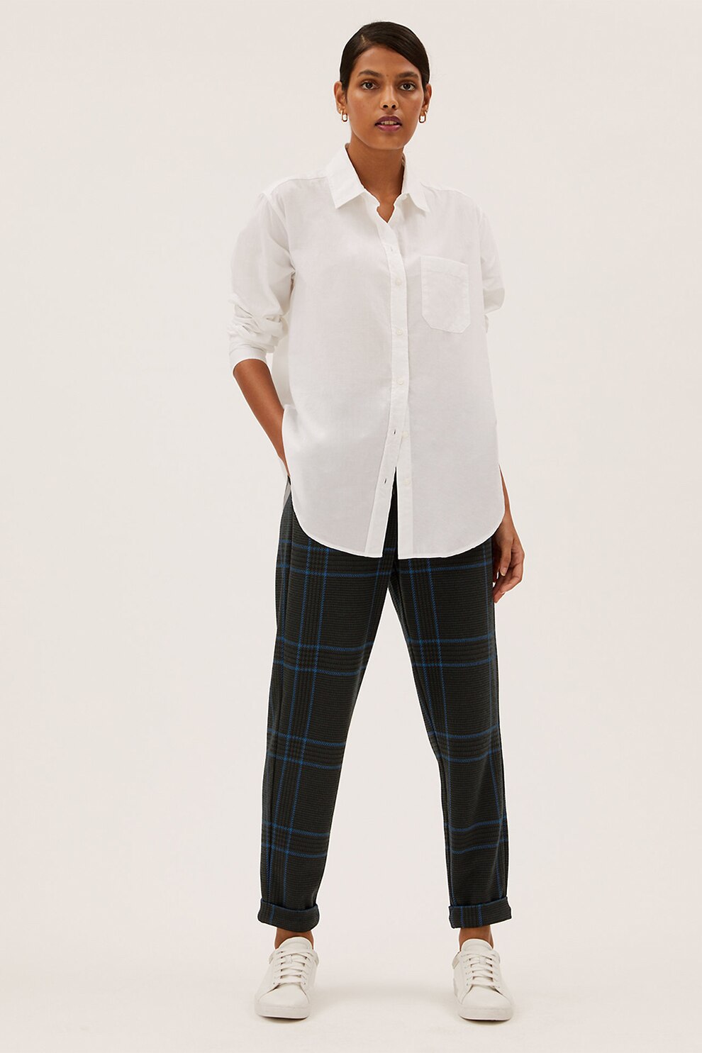 Marks & Spencer, Pantaloni jogger conici cu model in carouri, VERDE/BLEUMARIN