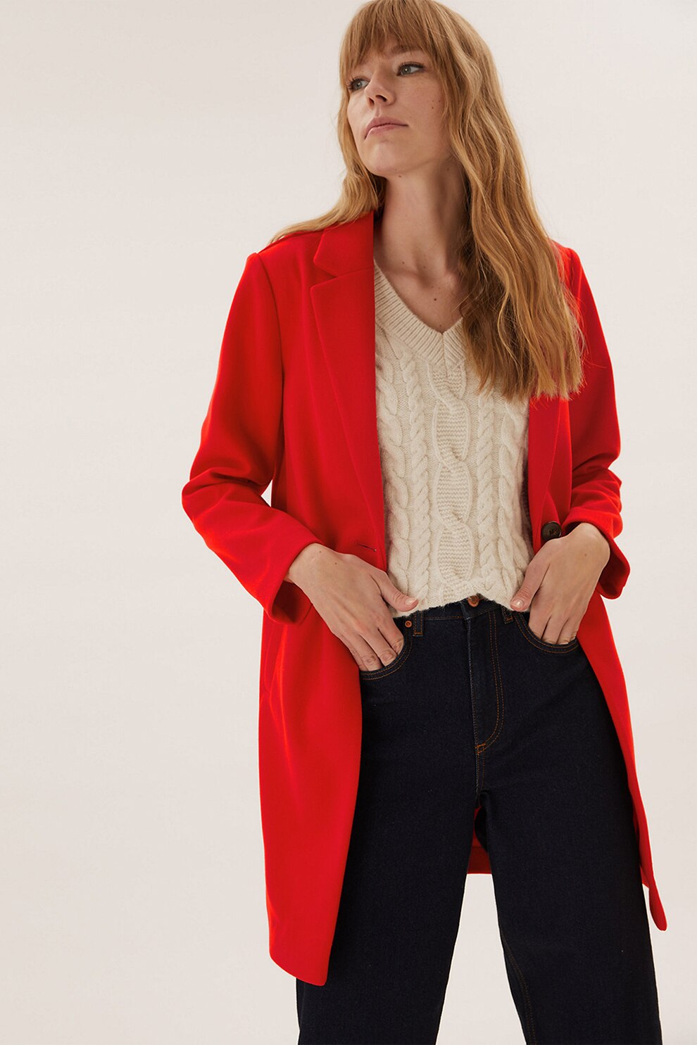 Marks & Spencer, Palton cu model uni si revere decupate, Rosu vermilion