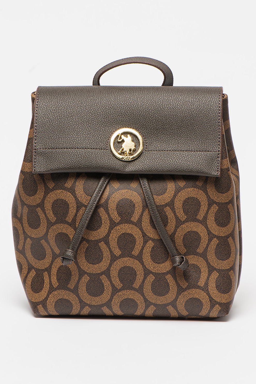 U.S. Polo Assn., Rucsac de piele ecologica cu model si logo, Maro inchis