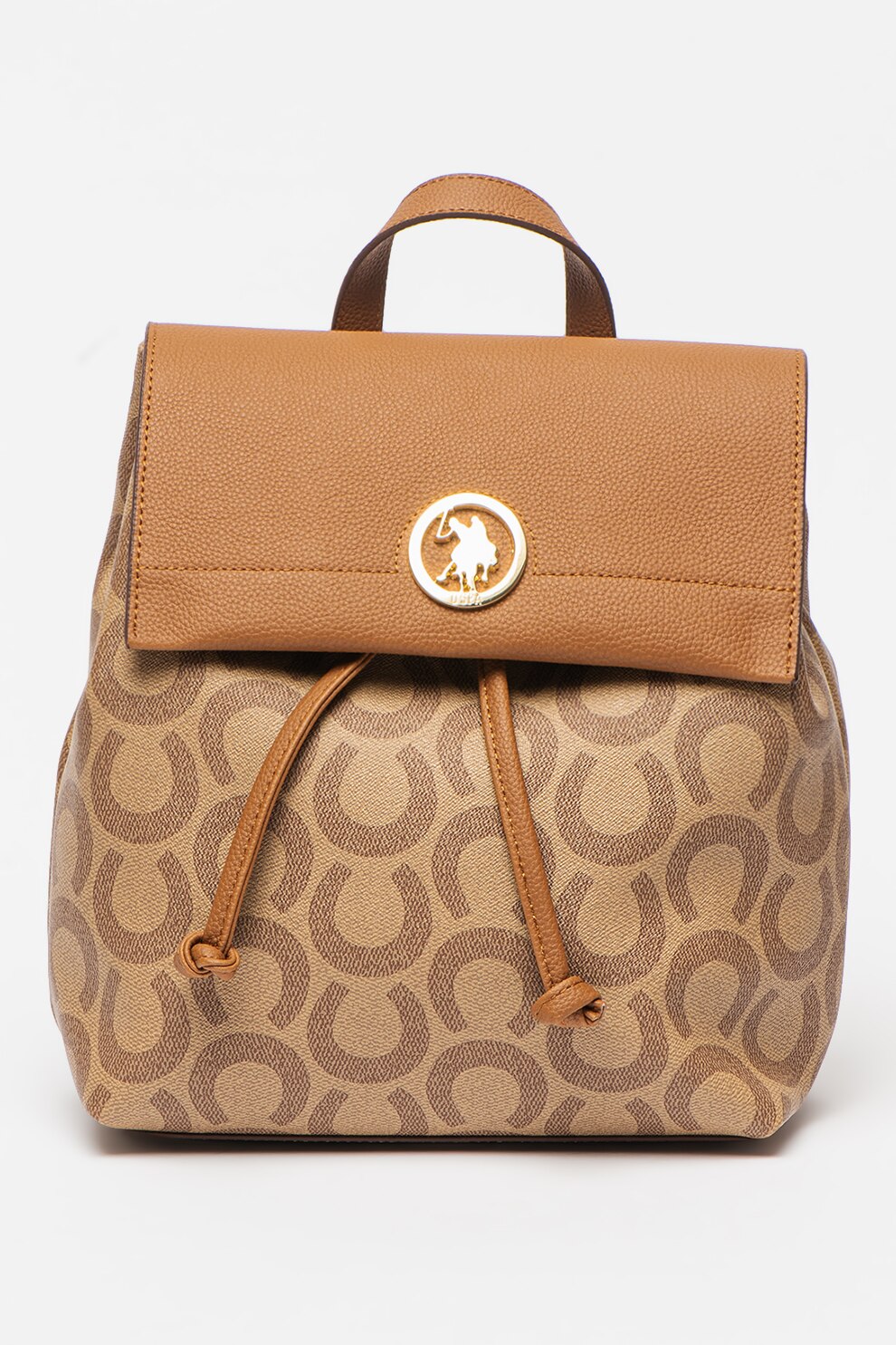 U.S. Polo Assn., Rucsac de piele ecologica cu model si logo, Bej/Maro caramel