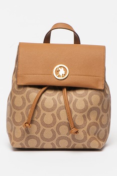 U.S. Polo Assn., Rucsac de piele ecologica cu model si logo, Bej/Maro caramel U.S. Polo Assn., Rucsac de piele ecologica cu model si logo, Bej/Maro caramel