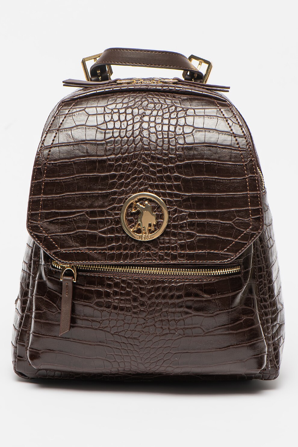 U.S. Polo Assn., Rucsac de piele ecologica cu aspect de piele de crocodil, MAro caramel/Maro inchis