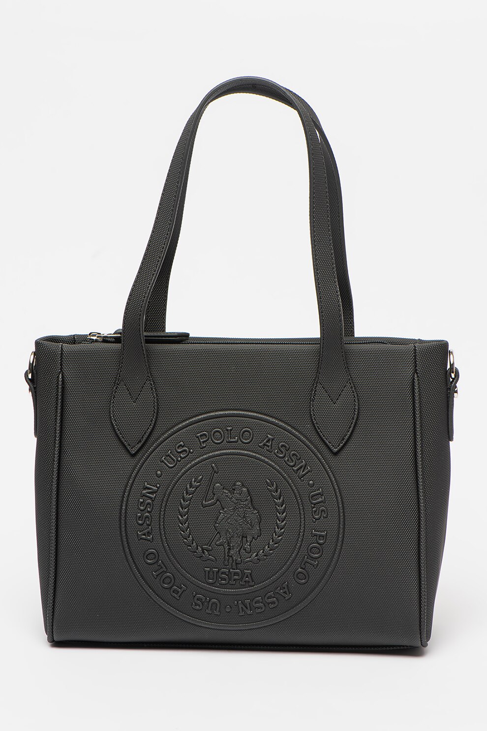 U.S. Polo Assn., Geanta tote de piele ecologica cu aspect texturat si monograma in relief, Negru