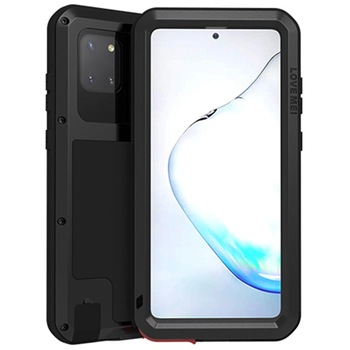 Husa antisoc + Sticla LOVE MEI Powerful pentru Samsung Galaxy Note 10 Lite, Aliaj de zinc/TPU, Negru Husa antisoc + Sticla LOVE MEI Powerful pentru Samsung Galaxy Note 10 Lite, Aliaj de zinc/TPU, Negru