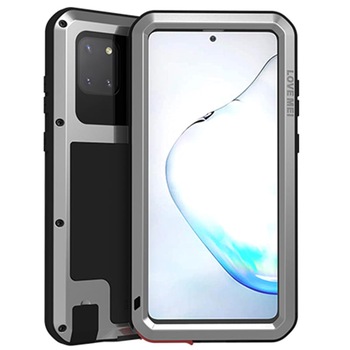 Husa antisoc + Sticla LOVE MEI Powerful pentru Samsung Galaxy Note 10 Lite, Aliaj de zinc/TPU, Argintiu/Negru Husa antisoc + Sticla LOVE MEI Powerful pentru Samsung Galaxy Note 10 Lite, Aliaj de zinc/TPU, Argintiu/Negru
