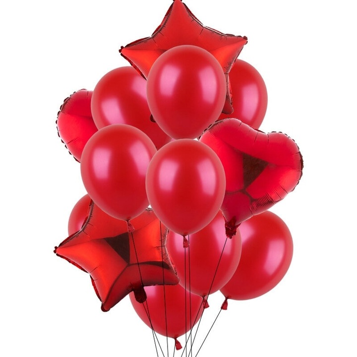 Юбилеен букет от 14 латексови балона, балон сърце и звезда, червен цвят, време е за парти