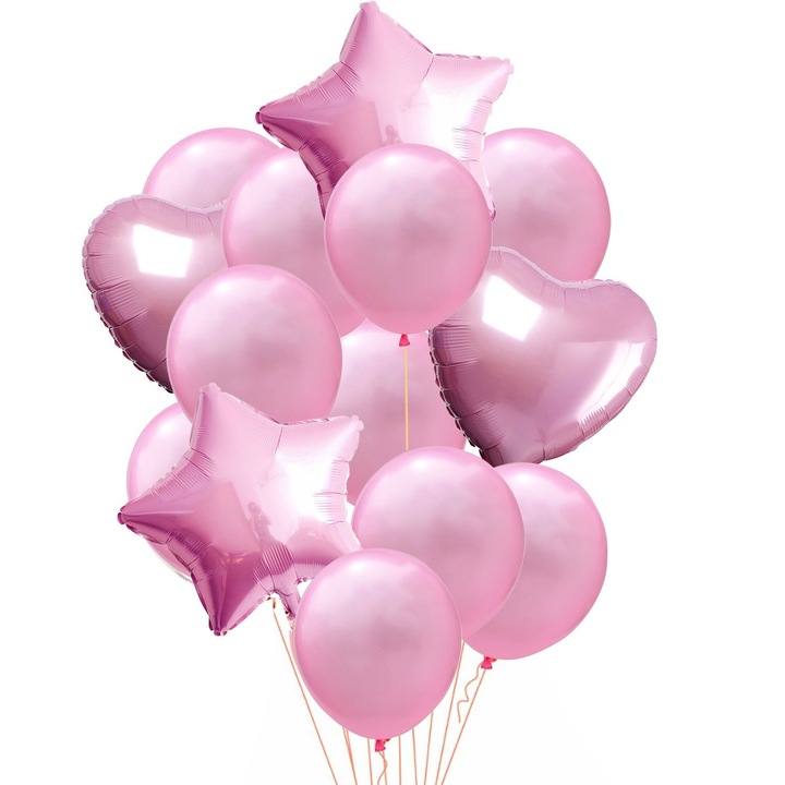 Юбилеен букет от 14 латексови балона Сърце и звезда Фолиев балон Розов цвят Време е за парти