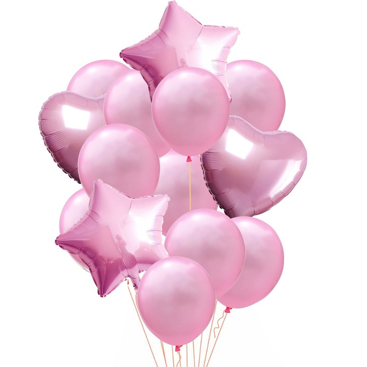 Buchet Aniversar de 14 baloane latex, Balon Folie Inima si Stea, culoare Roz, It's Party Time