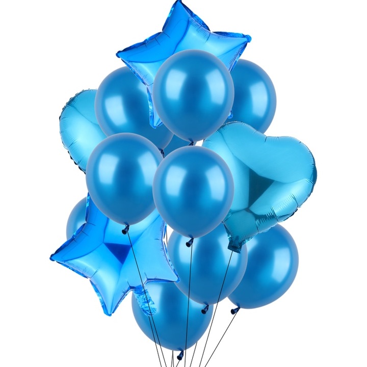 Юбилеен букет от 14 латексови балона, балон сърце и звезда, син цвят, време е за парти