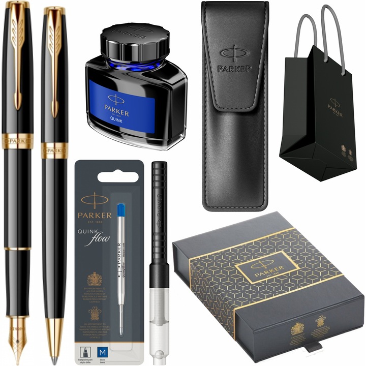 Set Parker Stilou Pix Sonnet Royal Black GT cu gravura laser inclusa, cutie duo, cu convertor montat, etui Leather Black, rezerva mina pix Quink Flow Blue, calimara cerneala si punga