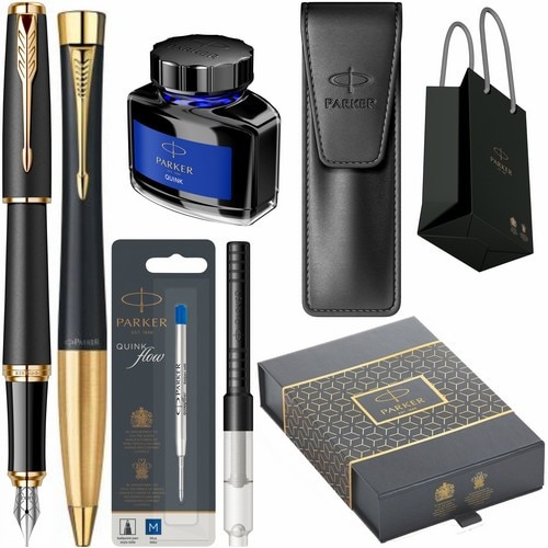 Set Parker Stilou Pix Urban Muted Black GT Personalizat prin Gravura Laser in cutie duo, cu convertor, etui Leather Black, rezerva mina pix Quink Flow Blue, calimara cerneala si punga