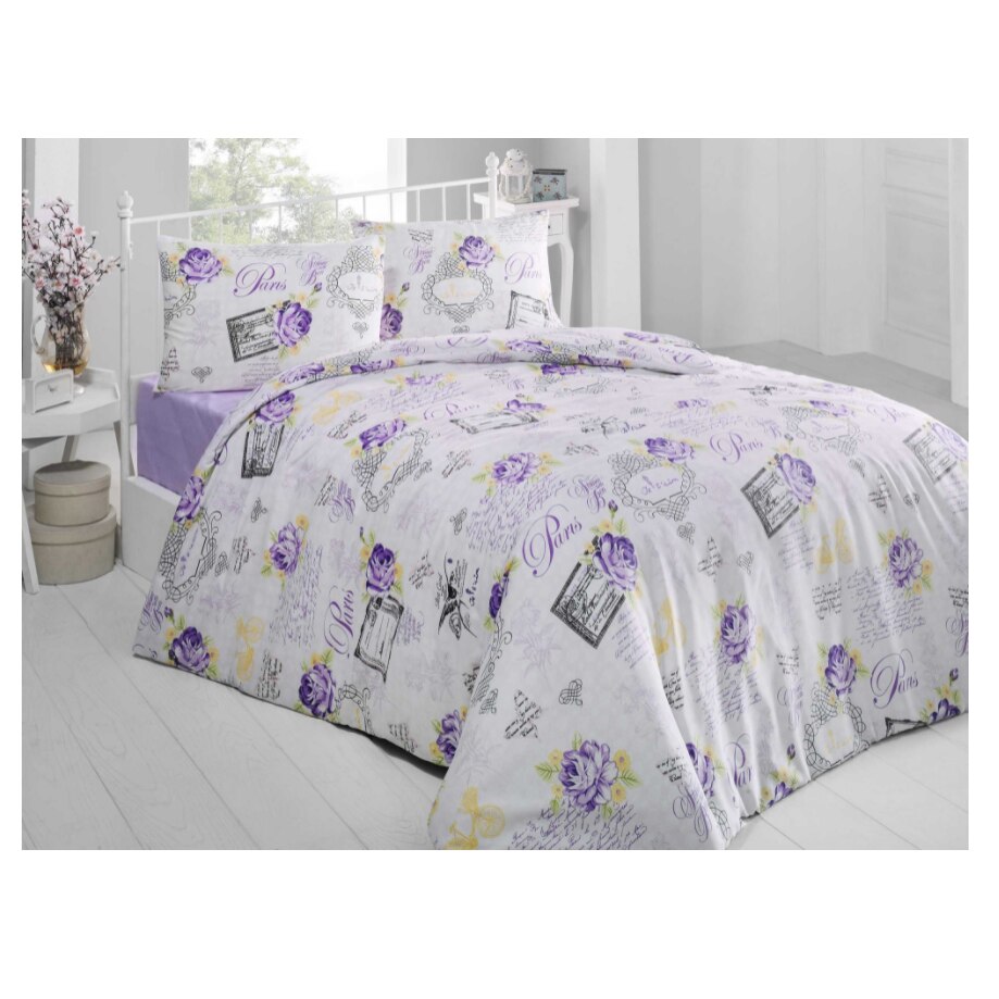 Lenjerie de pat Deco, 2 persoane, bumbac, poliester, 4 piese, alb, mov, negru