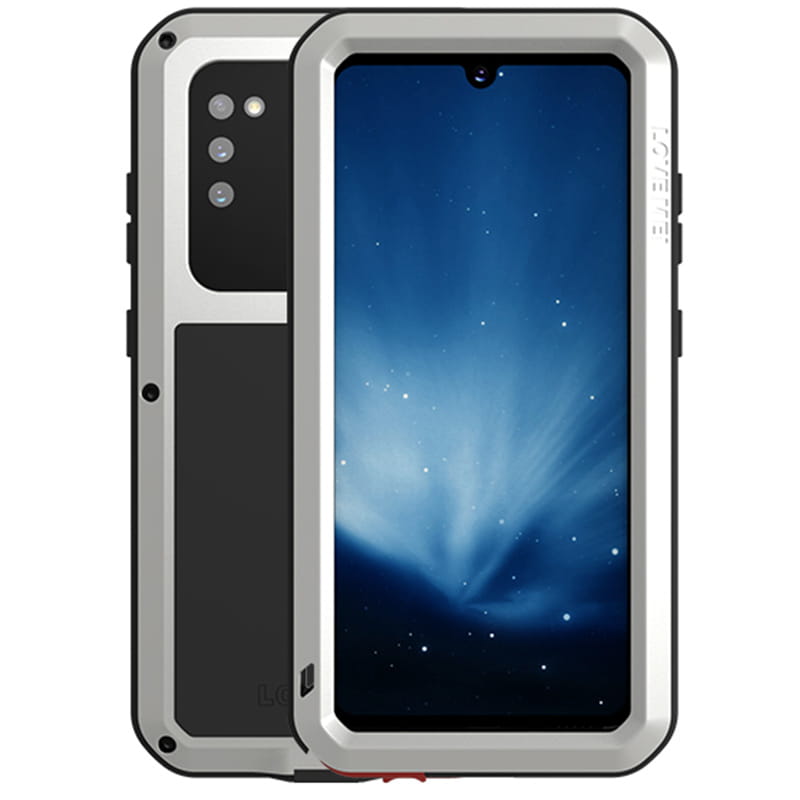 Husa antisoc + Sticla LOVE MEI Powerful pentru Samsung Galaxy A41, Aliaj de zinc/TPU, Argintiu/Negru