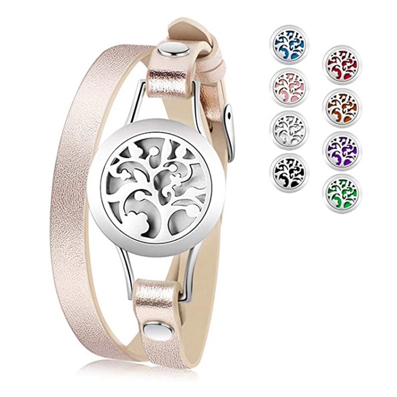 Bratara de aromoterapie Bomstom, Piele, 8 umpluturi colorate, Auriu