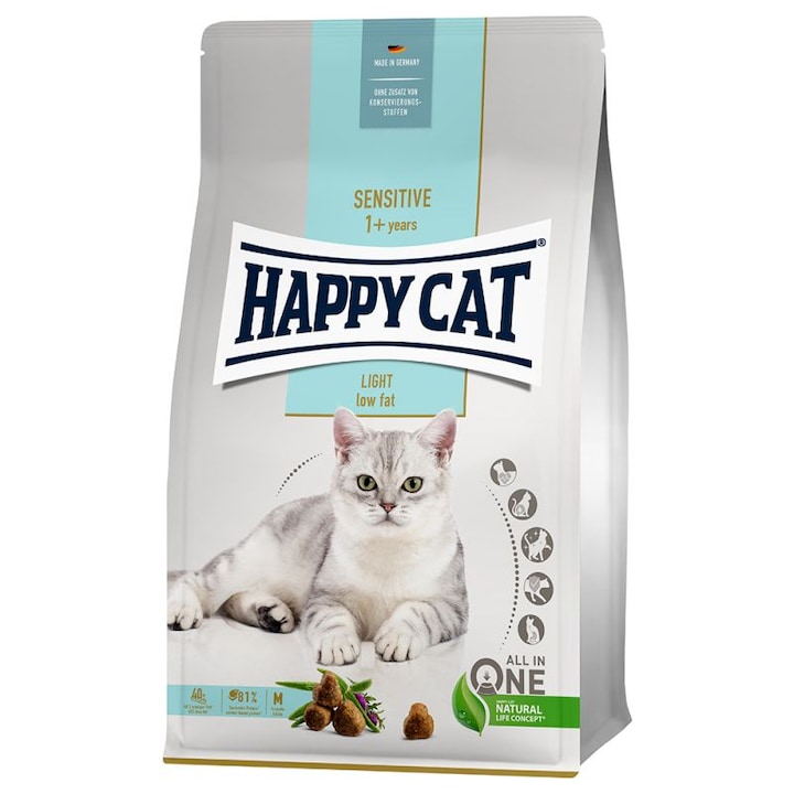 Száraztáp érzékeny emésztőrendszerű felnőtt macskáknak HAPPY CAT Sensitive Light, 4 kg
