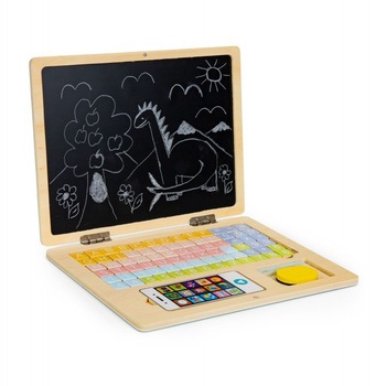 Laptop educational din lemn cu telefon de jucarie cu tabla de creta si magnetica, roz, 78 de piese Laptop educational din lemn cu telefon de jucarie cu tabla de creta si magnetica, roz, 78 de piese