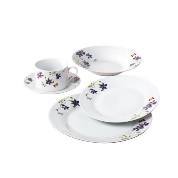 Set farfurii Deco, portelan, alb, 30 piese, cu model floral de culoare mov, forma rotunda, design elegant